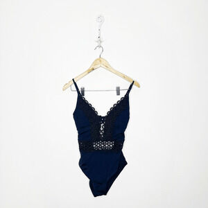 BECCA Siren Plunging One Piece Swimsuit navy blue eyelet full coverage womens S